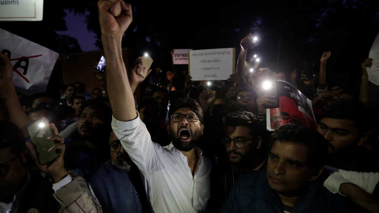 Gujarat state politicians and Dalit leader Jignesh Mevani pictured during a protest against a new citizenship law outside Gandhi Ashram in Ahmadabad, India.