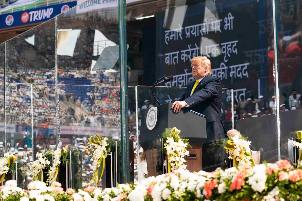 President Donald Trump speaks at Motera Stadium in Ahmedabad, India.