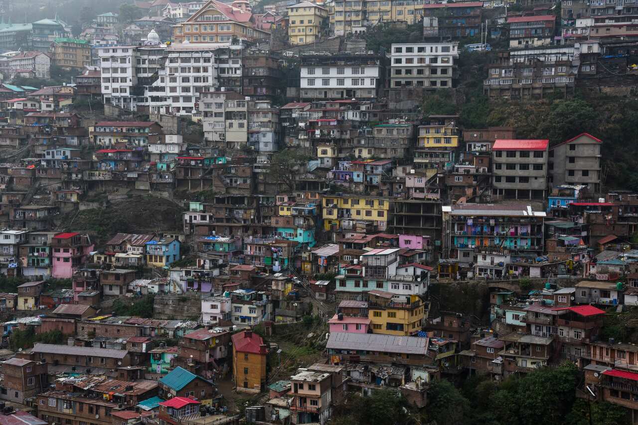A hillside of residences in Shimla, India.