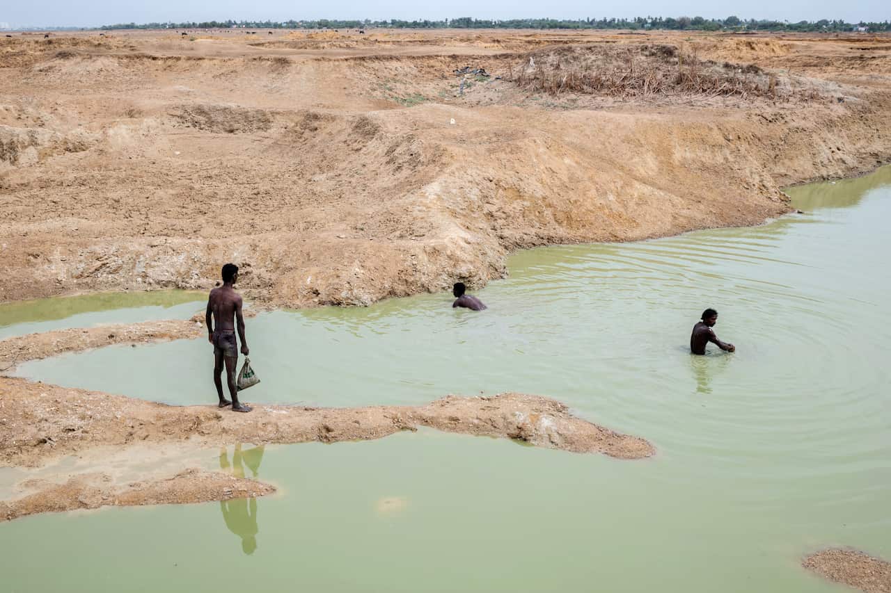 Fishermen try to catch fish by hand in a pool of water on the lake bed of the Puzhal Lake in Chennai, India on June 25, 2019.