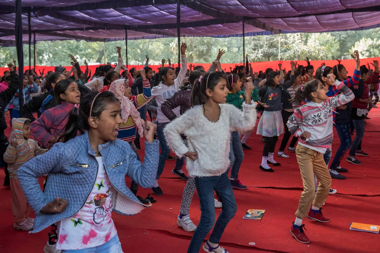 Girls doing drills in a self-defense training camp at a New Delhi police barracks in January.