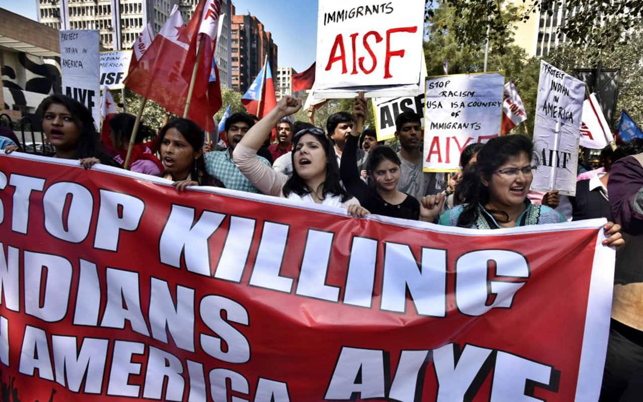 All India students federation (AISF) members protest outside the American Centre, KG Road for the Issues of Stop Racism Campaign and late Srinivas Kuchibhotla.