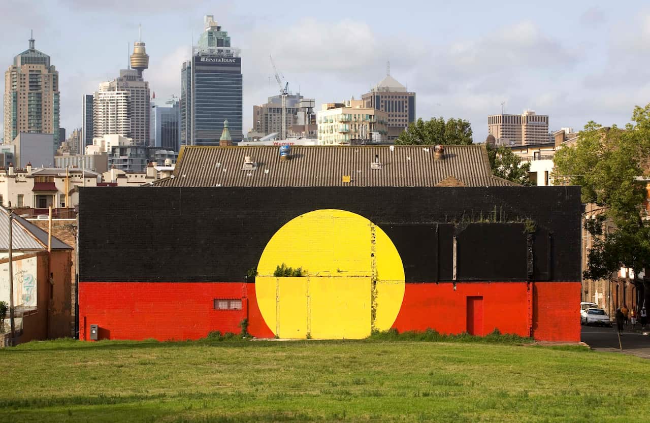 An Aboriginal flag mural in Redfern, Sydney, Australia, Monday, Jan. 28, 2008. (AP Photo/John Pryke)