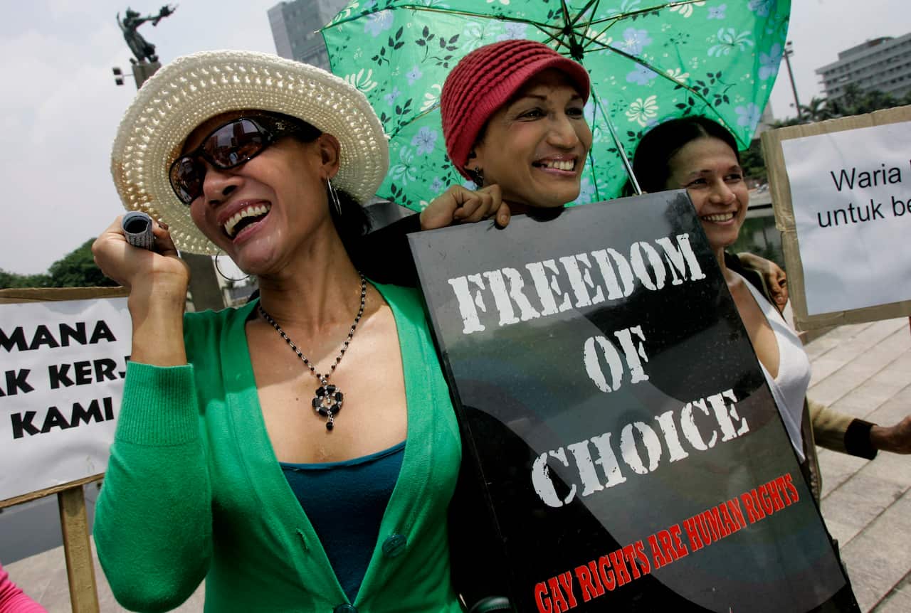 Transgender Indonesians take part in a demonstration demanding the government respect the rights of lesbians, bisexuals, gays and trans people in Jakarta.