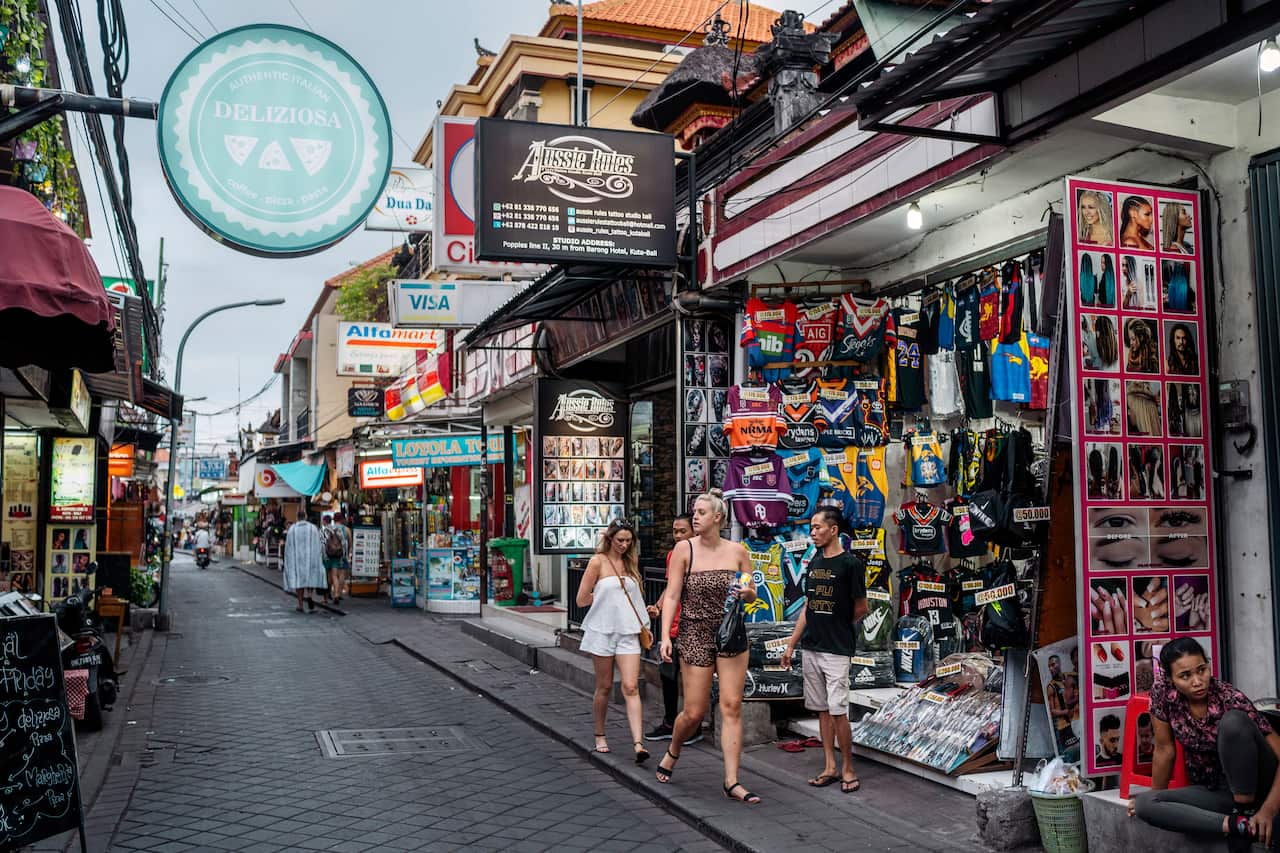 A shopping street next to Kuta beach in Bali, Indonesia, July 19, 2019. (Adam Dean/The New York Times)