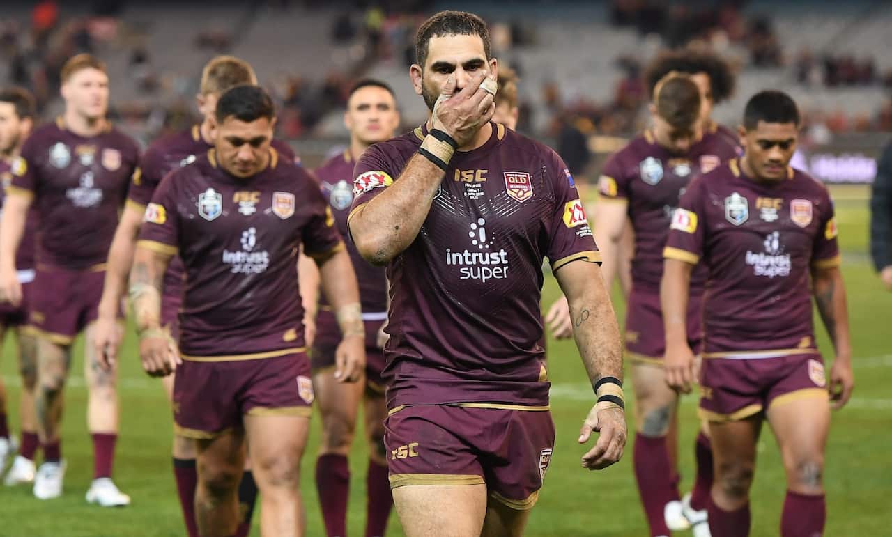 Greg Inglis of the Maroons leads his players from the ground after Game 1 of the 2018 State of Origin series at the MCG in Melbourne, Wednesday, June 6, 2018. 