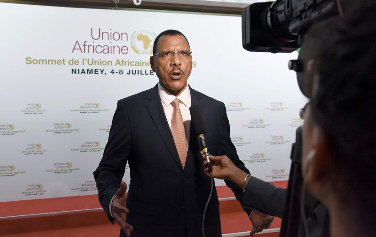 Mohamed Bazoum, speaks to the press during the African Union summit in Niamey on July 8, 2019.