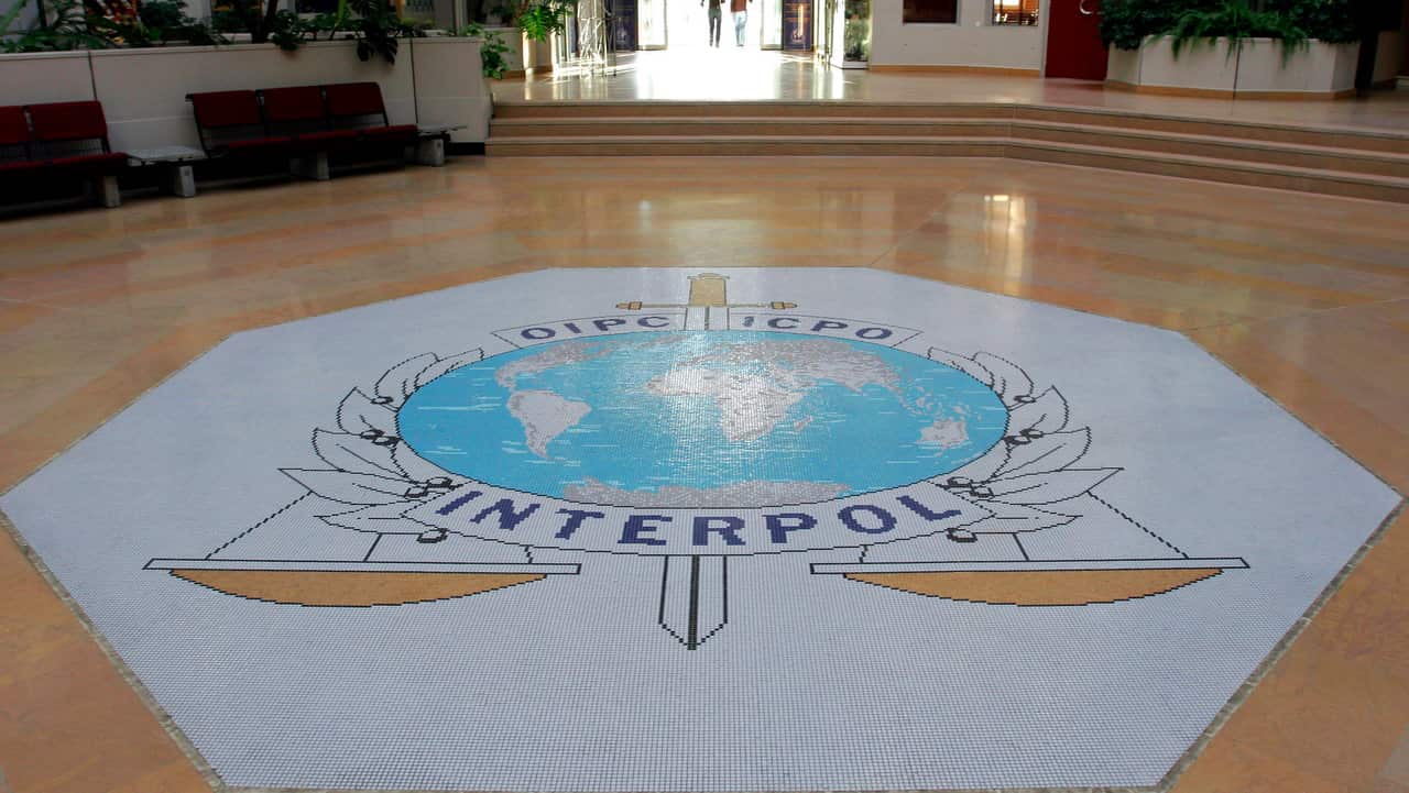 The entrance hall of Interpol's headquarters in Lyon, central France.  