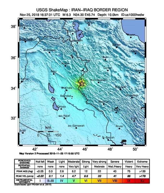 A United States Geological Survey Shake Map showing the location of the 6.3 earthquake that has hit 20km South SouthWest of Sarpol-e Zahab, Iran.