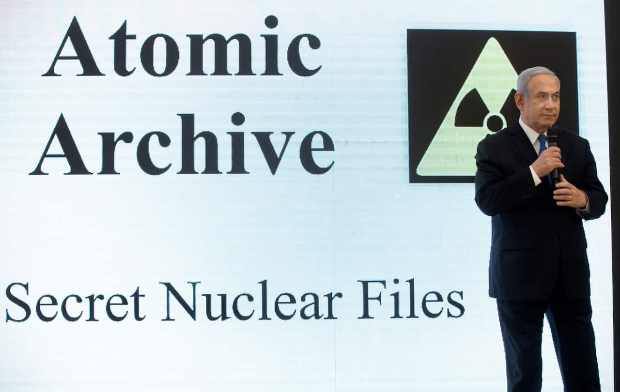 Israeli Prime Minister Benjamin Netanyahu as he describes how Iran has continued with its nuclear capabilities 