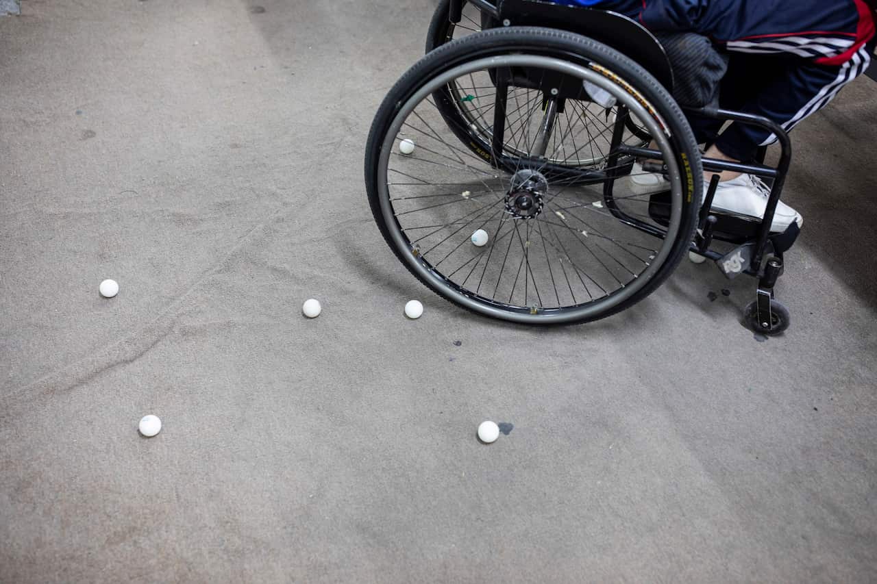 A practice for members of the Iraqi Paralympic Table Tennis team at a training center in Baghdad, June 12, 2019. (Ivor Prickett/The New York Times)