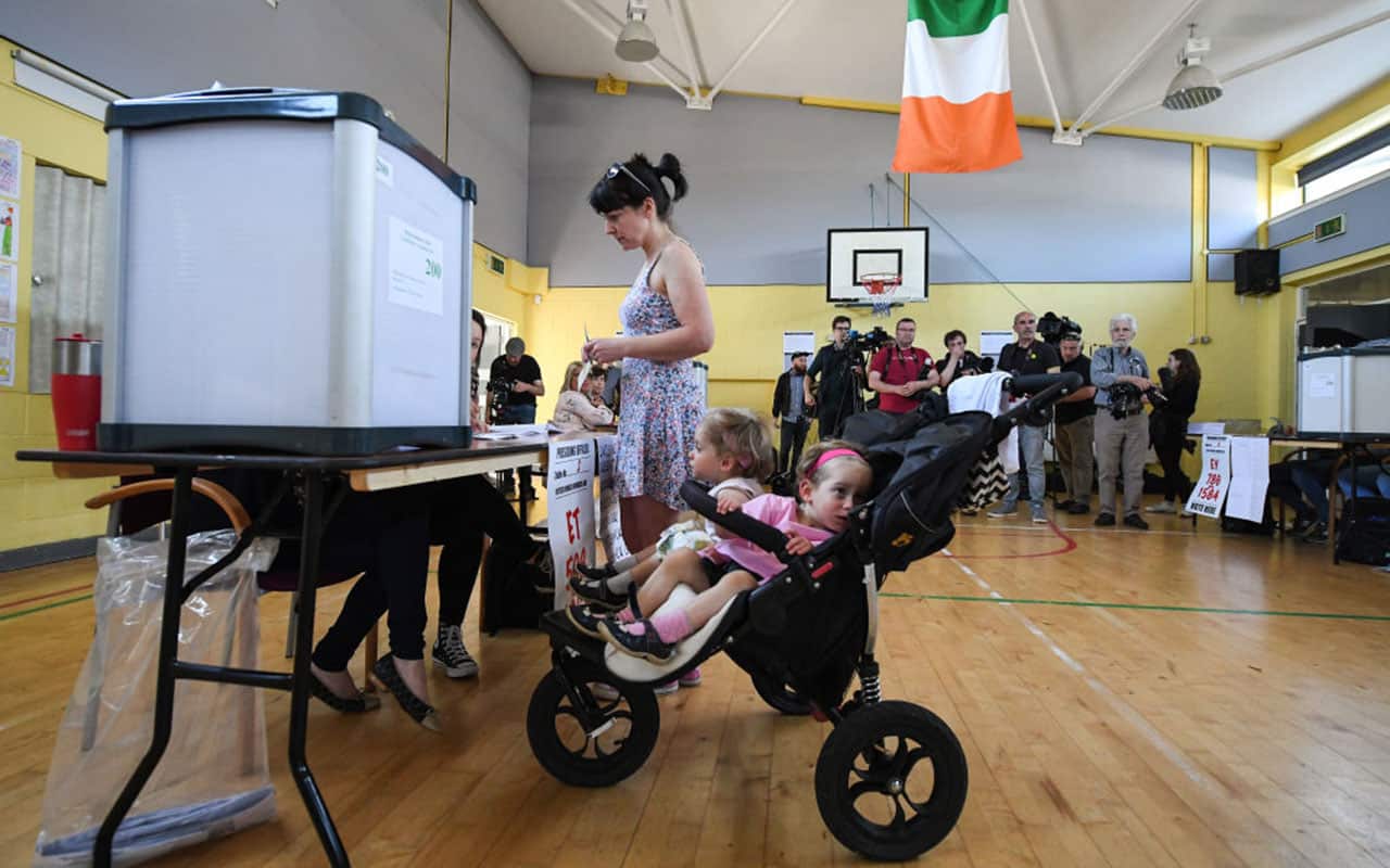 Members of the public vote in Ireland's abortion referendum at Scoil Thomas Lodge polling station on May 25, 2018 in Dublin, Ireland.