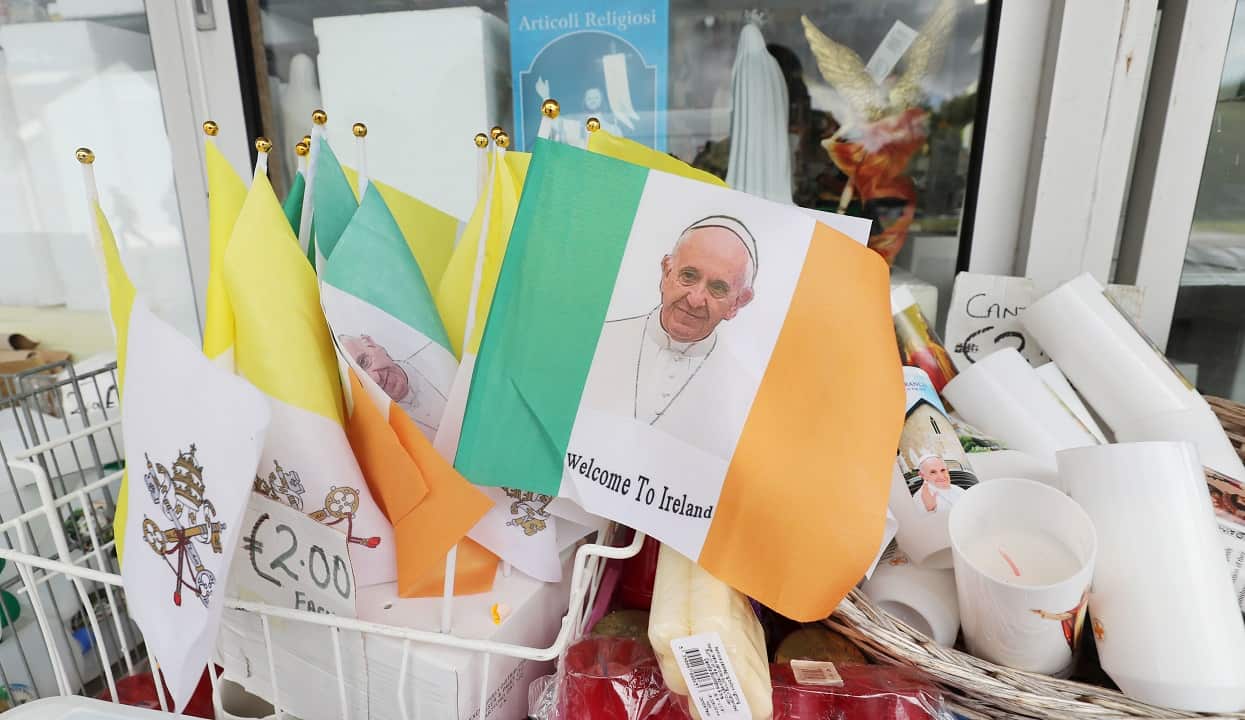 Flags on sale to commemorate Pope Francis' visit.  