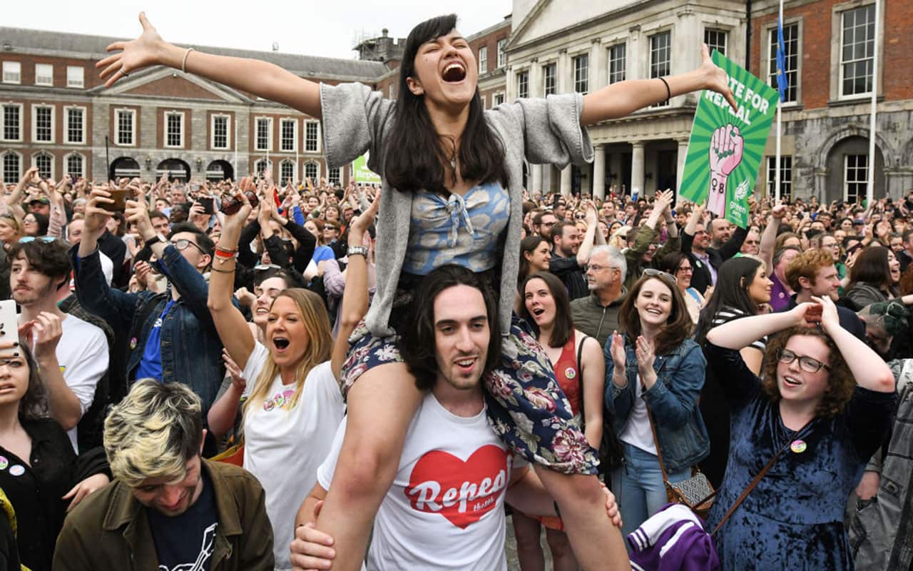 Supporters celebrate at Dublin Castle following the result Irish referendum result on the 8th amendment.