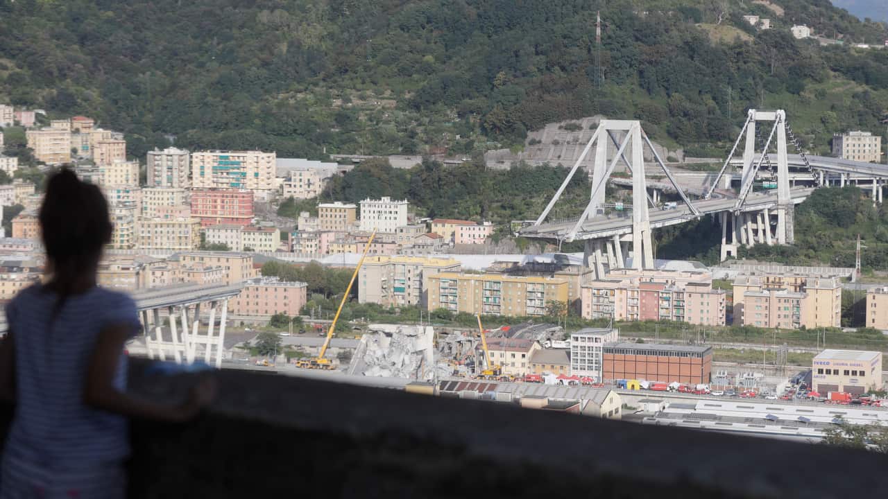 A view of the collapsed Morandi highway bridge in Genoa, Italy.