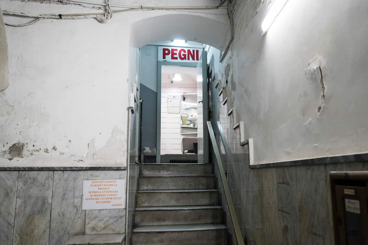The entrance of the pawnshop owned by Luigi Milano in Naples, Italy, June 19, 2020. 