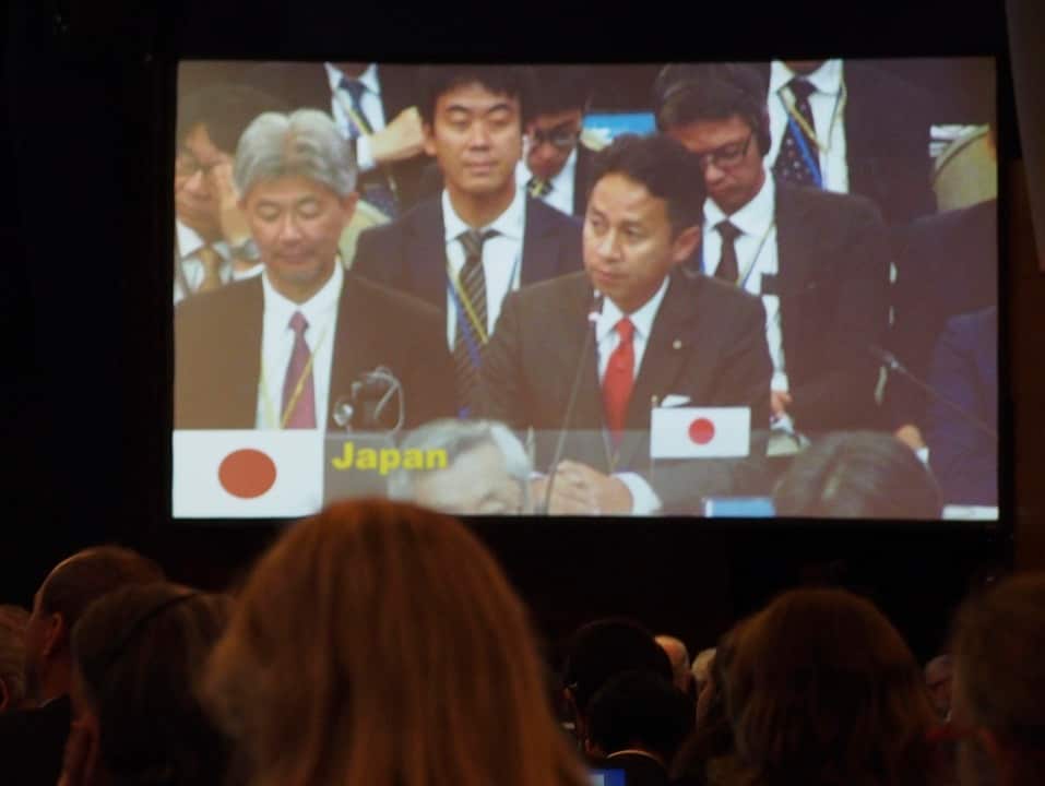 Japan's vice minister of agriculture, forestry and fisheries, right, Masaaki Taniaisenior, at the International Whaling Commission.