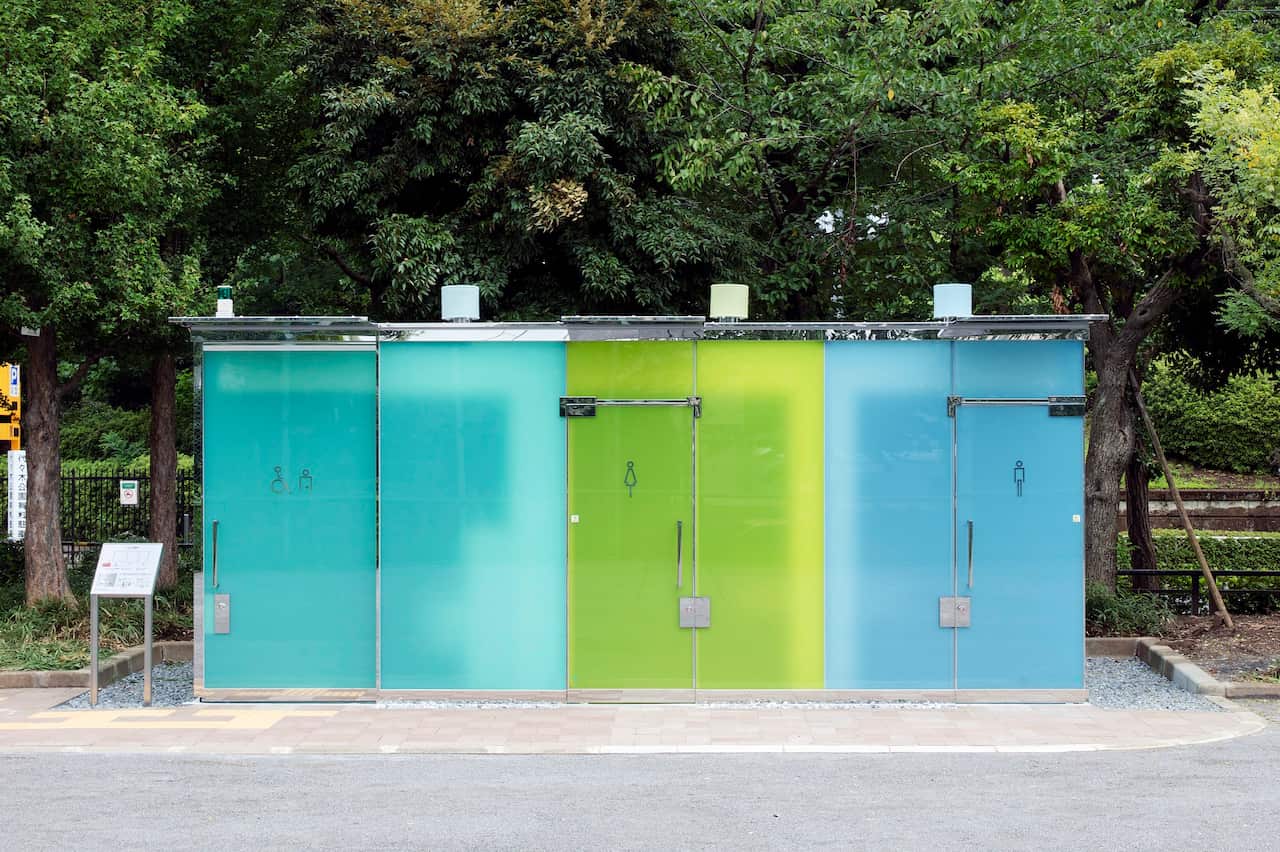  A new public toilet in a park in Tokyo.  The stalls use "smart glass" to create a transparent effect when not in use. 