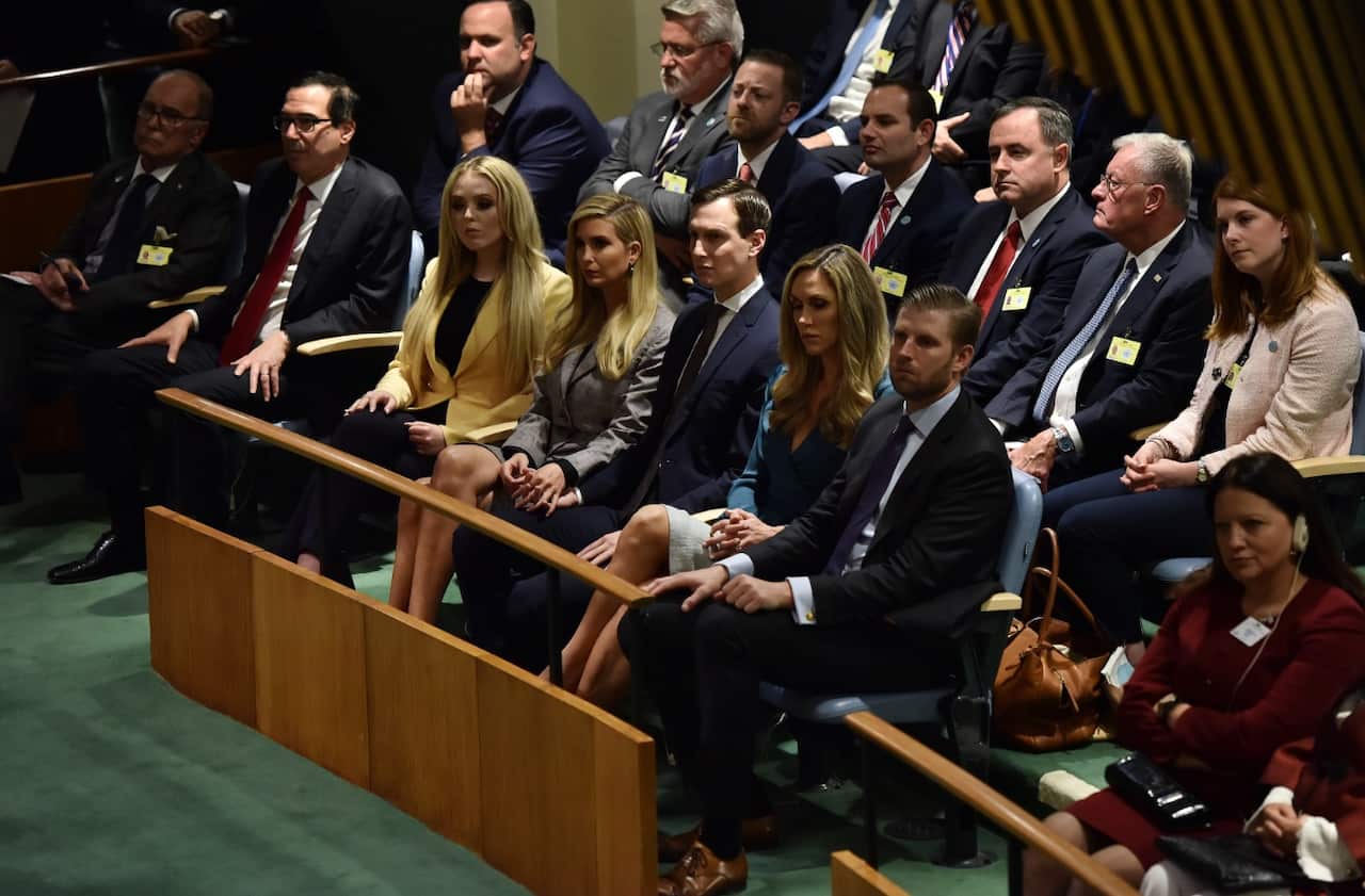 (L-R center row) Tiffany Trump, Ivanka Trump, Jared Kushner, Lara Trump and Eric Trump listen as Donald Trump addresses the UN assembly