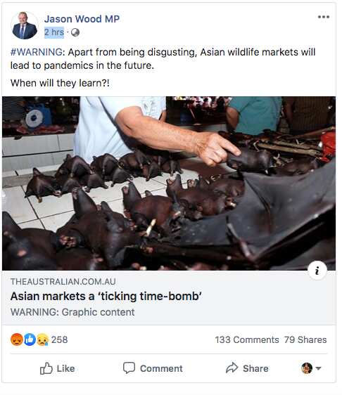 Assistant Minister Jason Wood's Facebook post. 