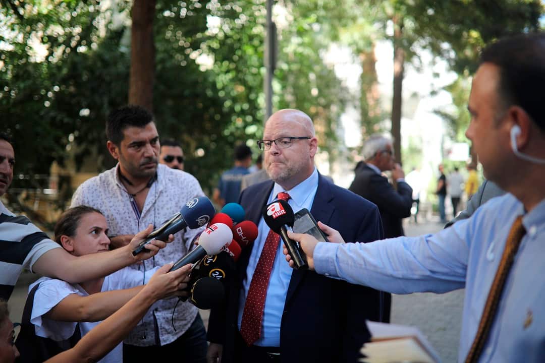 US Charge d'Affaires Jeffrey Hovelier has visited US pastor Andrew Brunson who is being held under house arrest in Izmir.