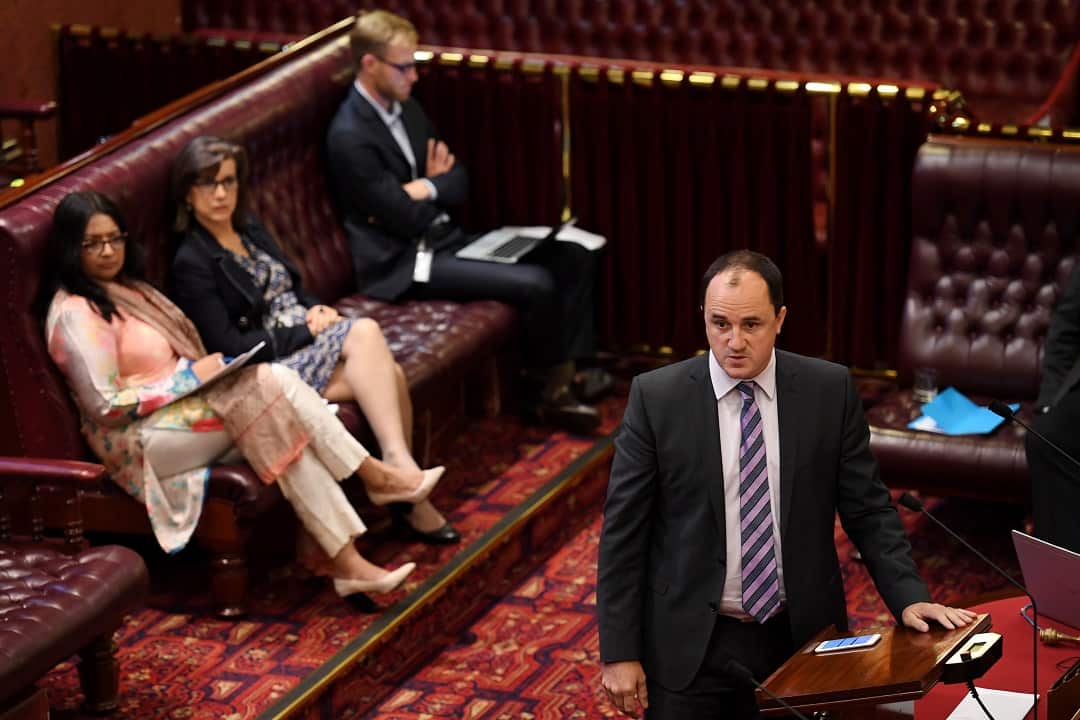 Greens MP, Jeremy Buckingham, speaks before a vote on the NSW bill to decriminalise abortion in the Legislative Council at the NSW Parliament House in Sydney on Thursday, May 11, 2017. (AAP Image/Paul Miller) NO ARCHIVING