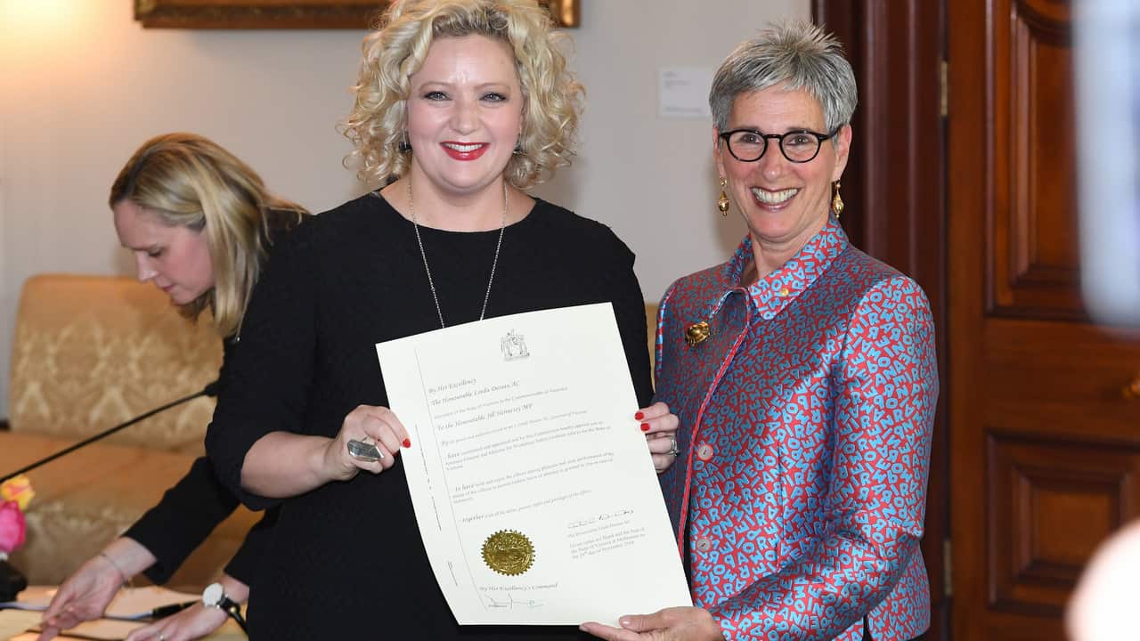 Attorney-General and Minister for Workplace Safety Jill Hennessy (left) and Governor of Victoria Linda Dessau.