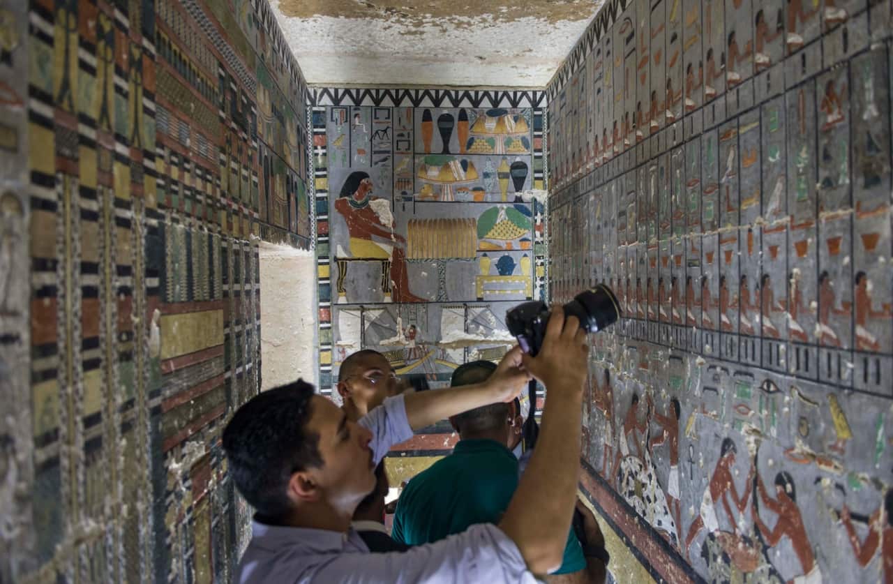 The painted walls at the nobleman tomb of Khewy at Saqqara Necropolis, Egypt, 13 April 2019. 