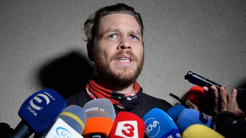 Jock Palfreeman speaks to journalists as he leaves migrants' detention centre in Busmantsi, Bulgaria on 15 October 2019.  