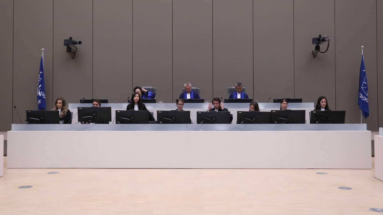 Judges in the courtroom for the trial of Congolese militia commander Bosco Ntaganda.