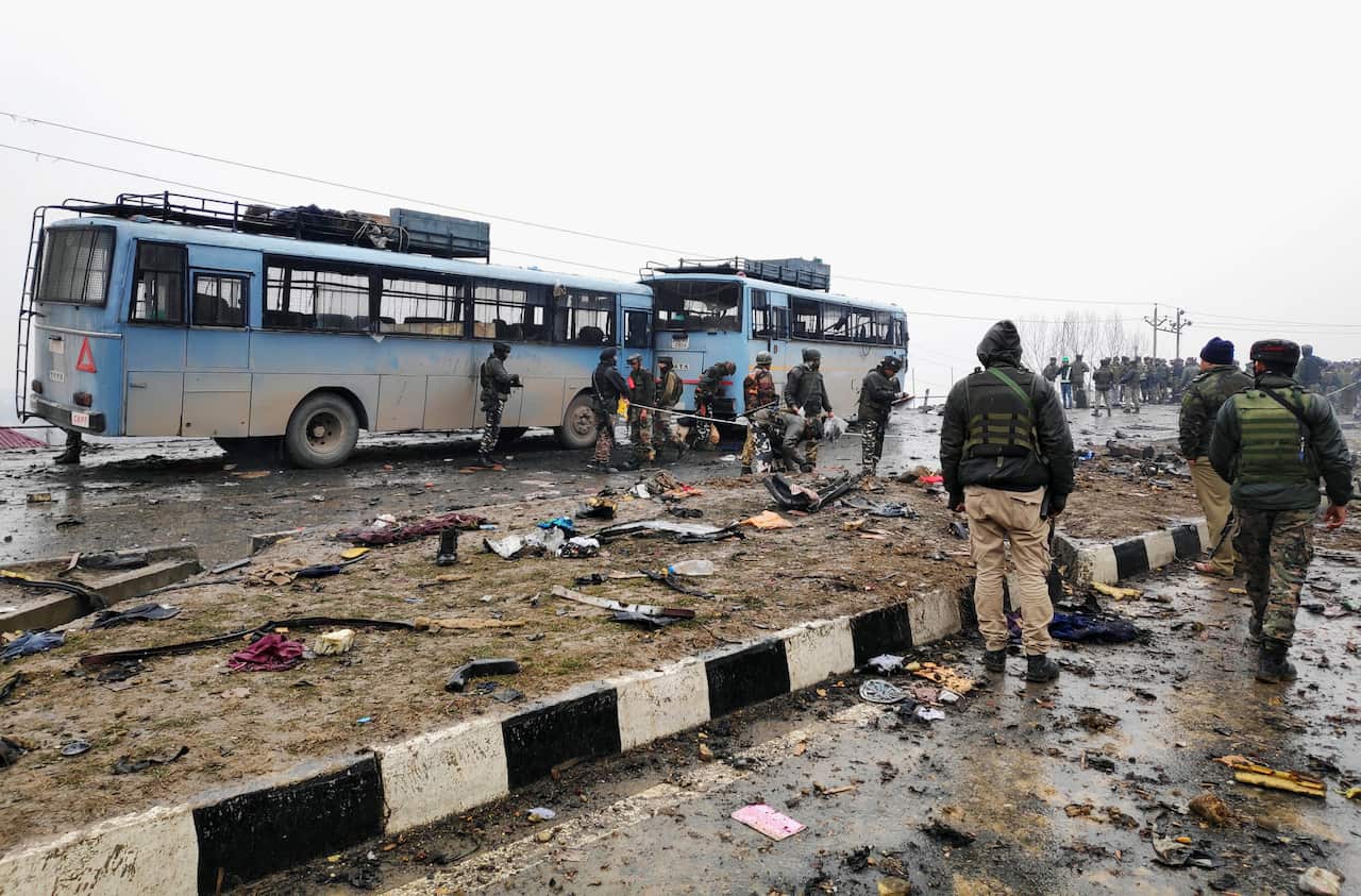 The site near Pulwama where a Kashmiri suicide bomber rammed a car packed with explosives into a convoy of Indian troops, killing at least 40.