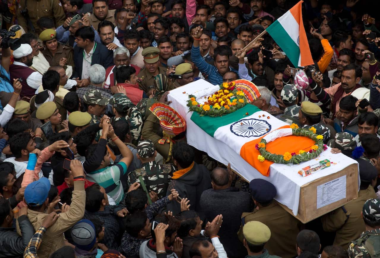 A funeral in Prayagraj, India, on Feb. 16 for one of the soldiers killed in the suicide bombing.