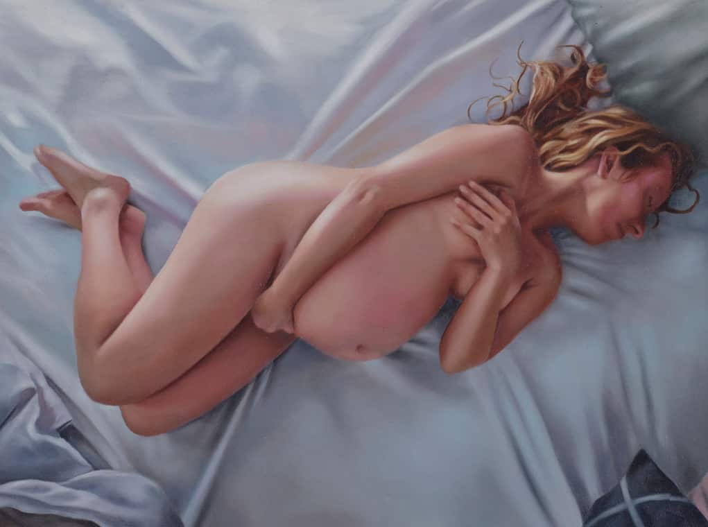 Katherine Edney, 'self-portrait with Ariel', oil on board, 26 x 33.5 cm