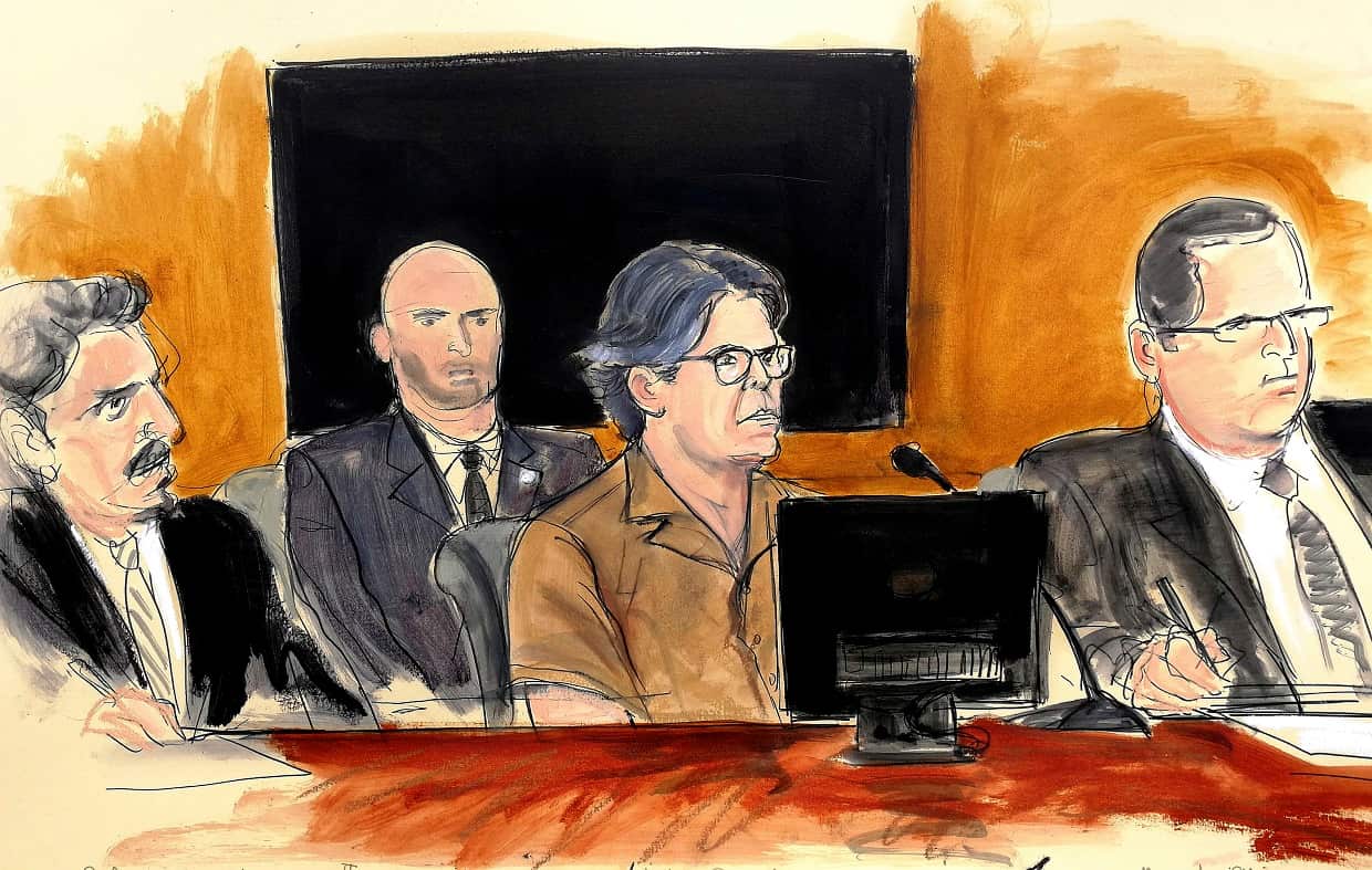 Courtroom sketch showing Keith Raniere, second from right.