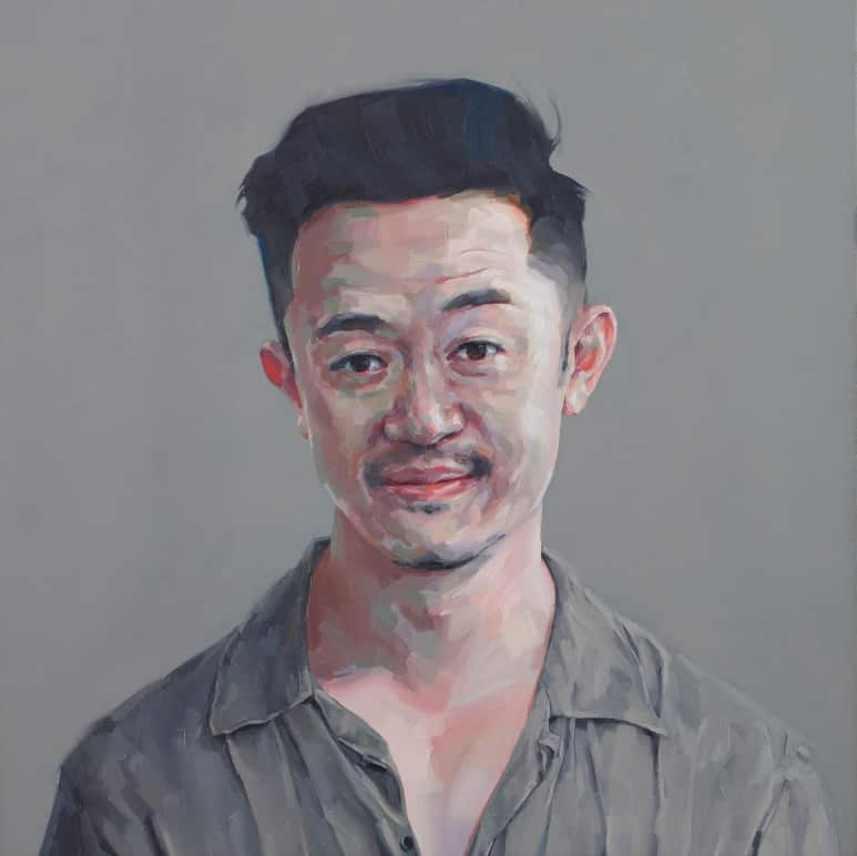 Keith Burt, 'Benjamin Law: happy sad', oil on canvas, 59.5 x 59.5 cm.