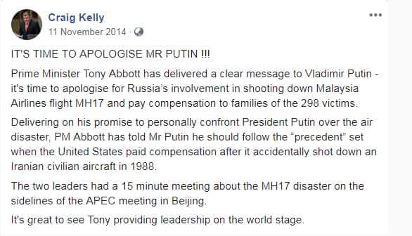 Mr Kelly's Facebook post at the time.