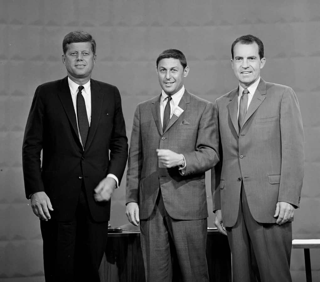 Senator John F. Kennedy, Don Hewitt of CBS News and Vice President Richard M. Nixon at the first televised presidential debate in 1960 (Getty)