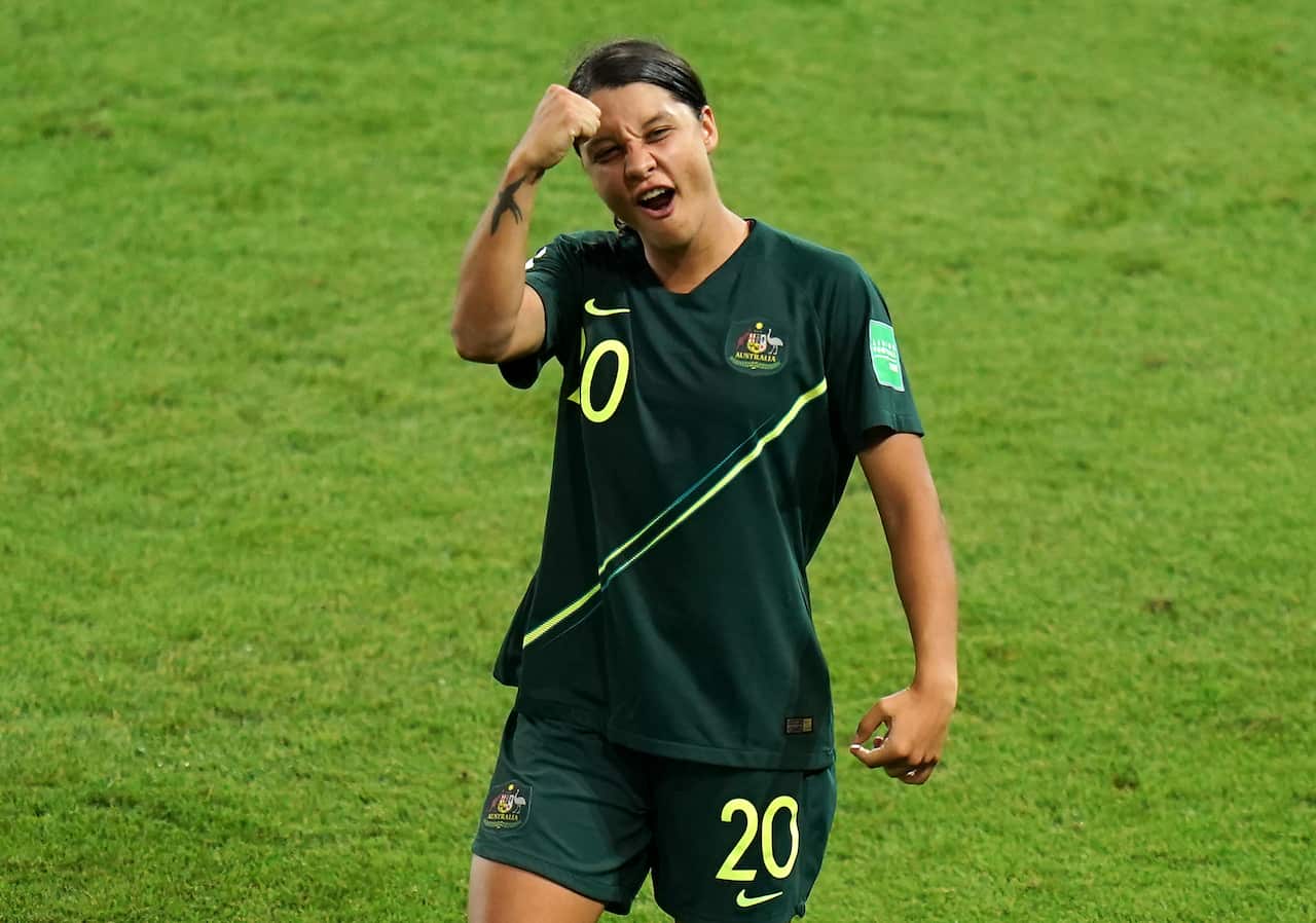Australia's Sam Kerr celebrates after the final whistle.