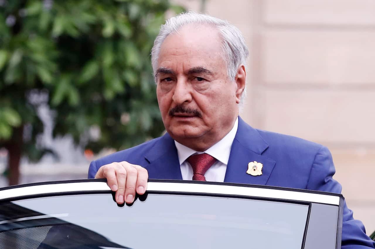 Libyan National Army General Khalifa Haftar arrives for the international congress on Libya, at the Elysee Palace in Paris, France.