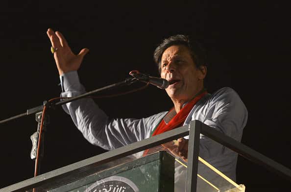 Pakistani cricketer turned politician Imran Khan of the Pakistan Tehreek-e-Insaf (Movement for Justice), speaks to supporters.