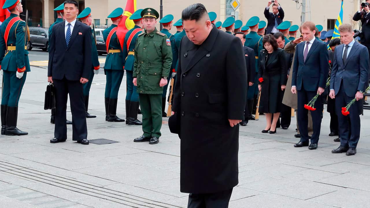 North Korean leader Kim Jong Un takes a moment of silence during a wreath-laying ceremony in Vladivostok, Russia on 26 April.