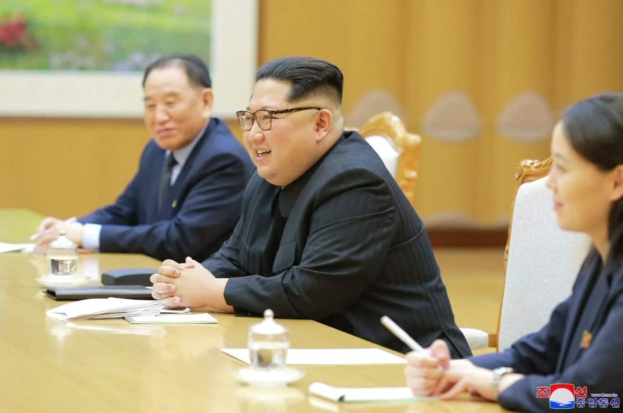 Kim Jong Un (centre) at the meeting with the South Korean envoy in Pyongyang.  