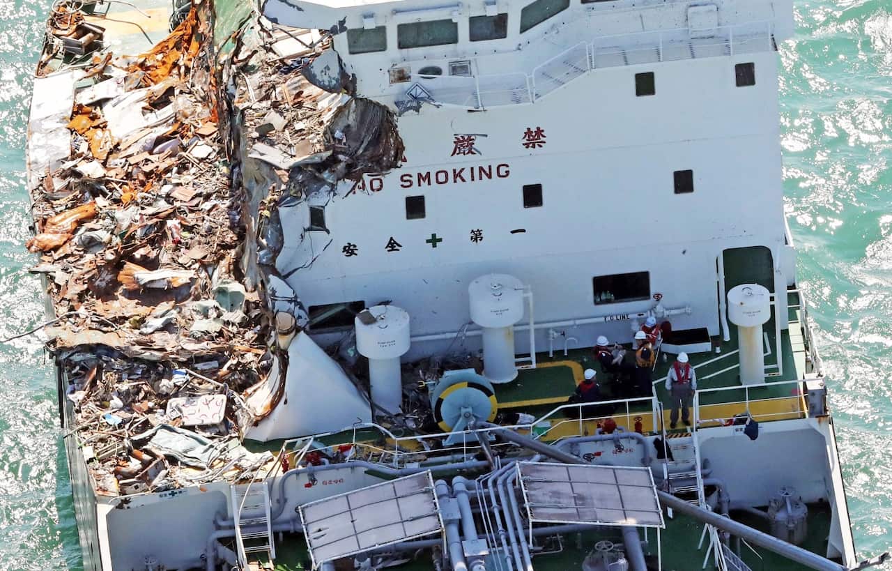 An aerial photo shows a tanker crashed into the bridge between Kansai International Airport and the main land due to the strong wind of typhoon Jebi in the east of the airport