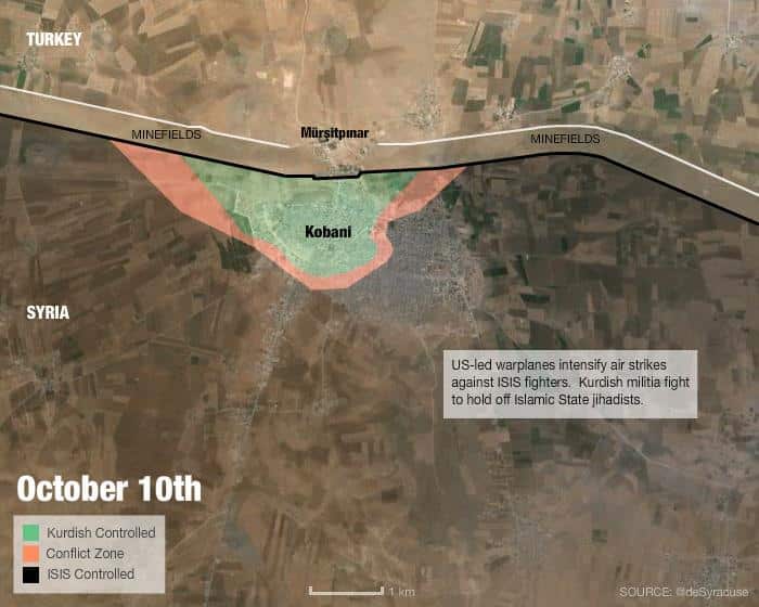 October 10, 2014: US-led warplanes intensify air strikes against ISIS fighters. Kurdish militia fight to hold off Islamic State jihadists. (SBS)