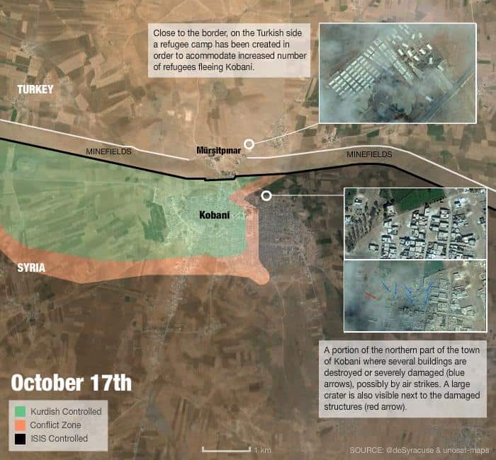 October 17, 2014: Kurdish fighters backed by a flurry of US-led air strikes still hold out against jihadists in Kobani, as an Islamic State offensive on the Syrian border town enters its second month. (SBS)