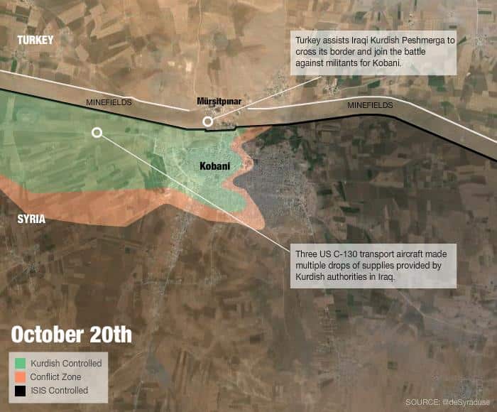 October 20: Turkey assists Iraqi Kurdish Peshmega to cross its border and join the battla against militants for Kobani. (Image: SBS)
