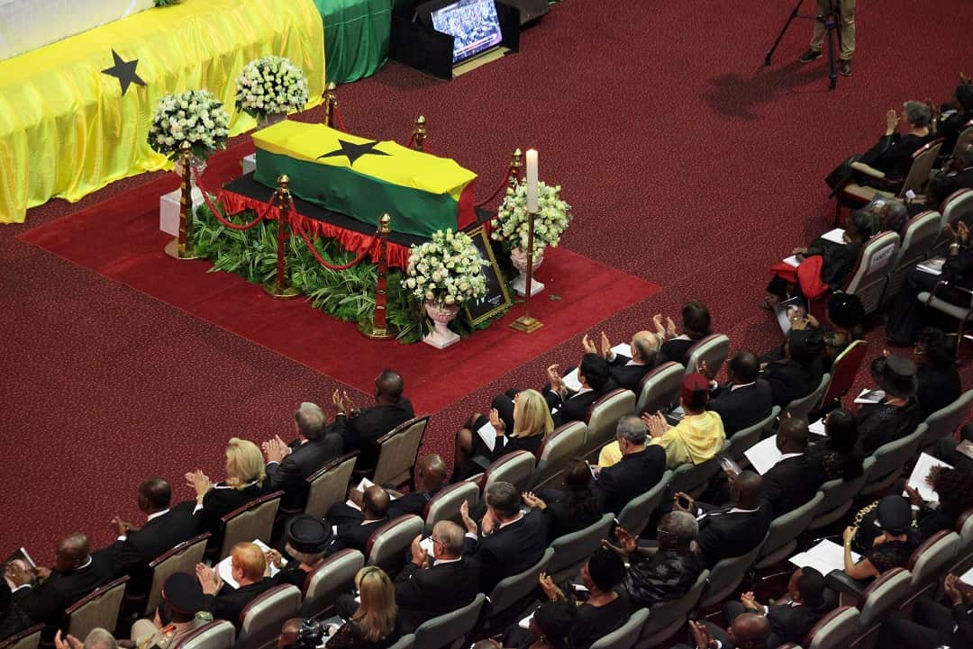 Dignitaries sit before the coffin of the late Kofi Annan, during a state funeral in Ghana. 