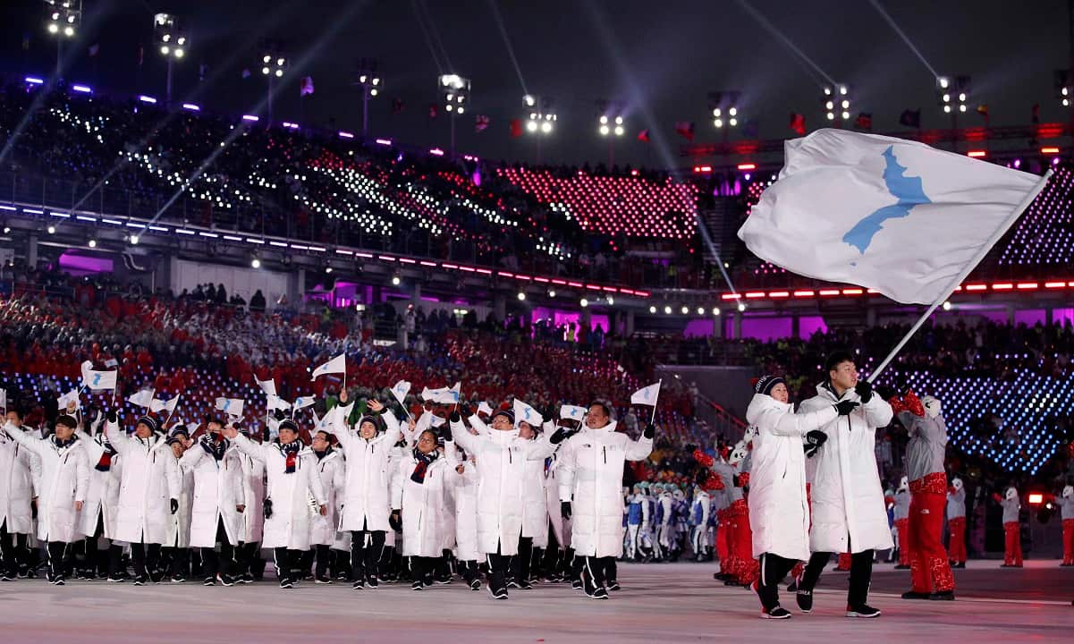 The two Koreas marched under a united flag for the opening ceremony of the 2018 Winter Olympics in Pyeongchang.