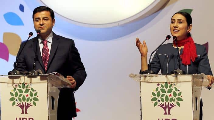 File image of co-leaders of the pro-Kurdish and pro-minority political party Peoples' Democratic Party (HDP) Figen Yuksekdag (R) and Selahattin Demirtas (L)