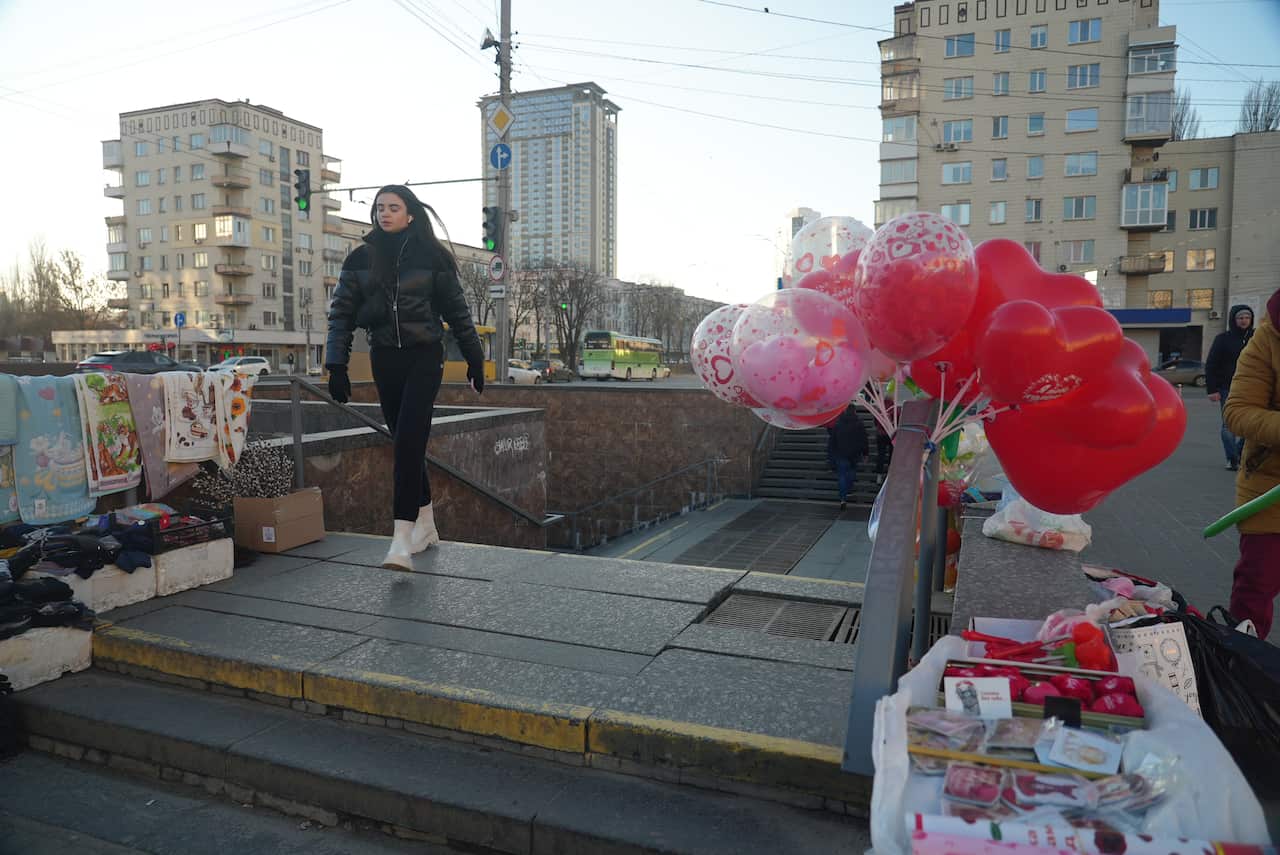 It's Valentines Day at a metro station just outside the city centre in Kyiv. 